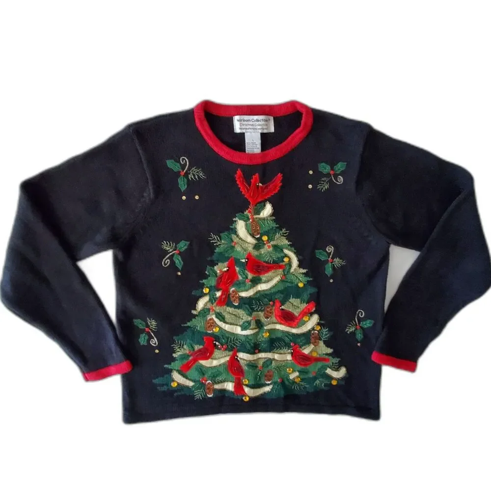 VNTG Christmas Sweater Embellished Tree Red Cardinals Heirloom Collectibles Sz L - Picture 1 of 7